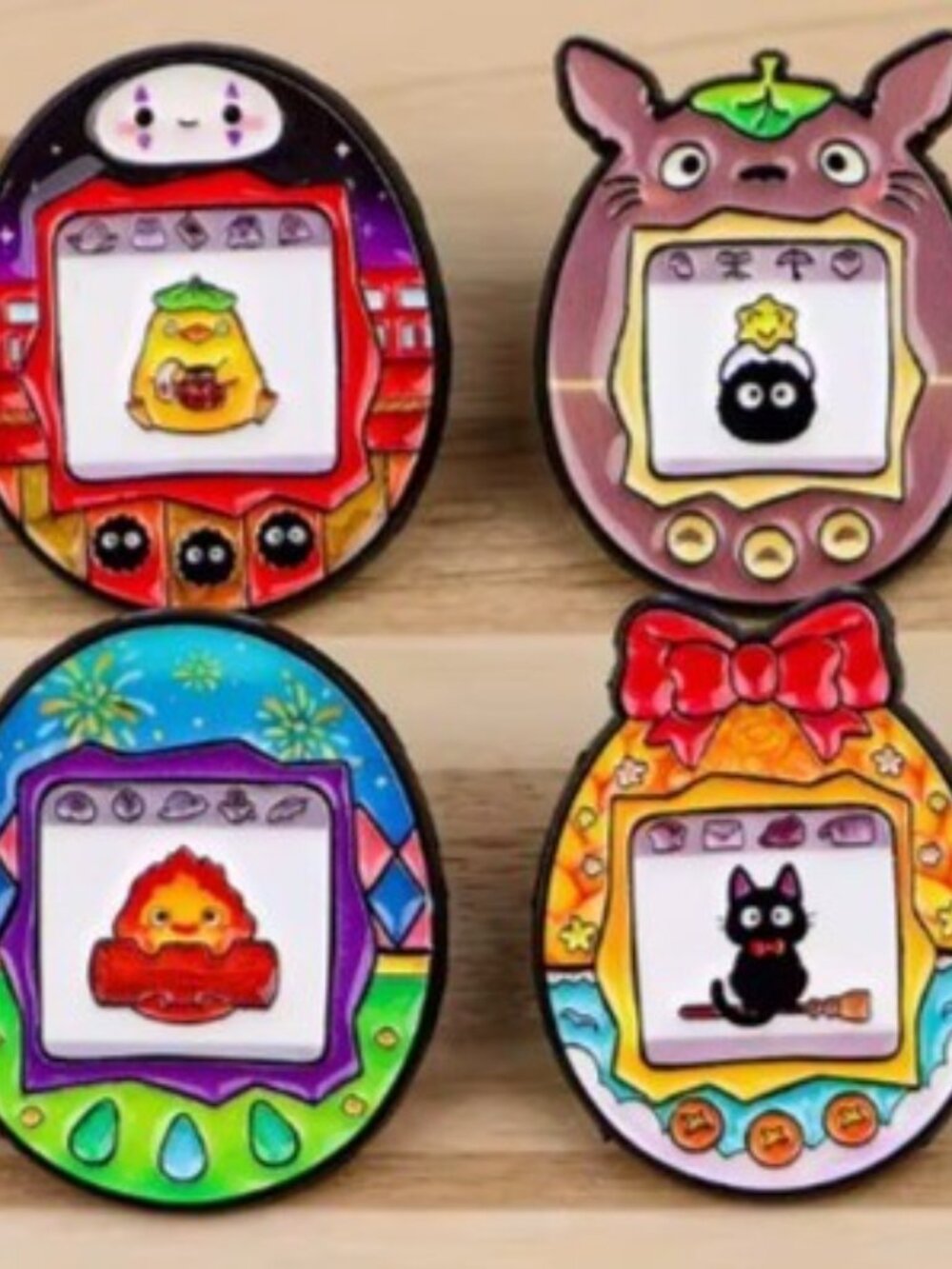 Studio Ghibli Tamagotchi Pin Set – Totoro, Jiji, Calcifer & Kaonashi Virtual Pet